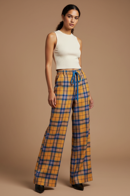 Pantalon Patte D'Éléphant Écossais Ample Jaune Bleu Décontracté - Laine