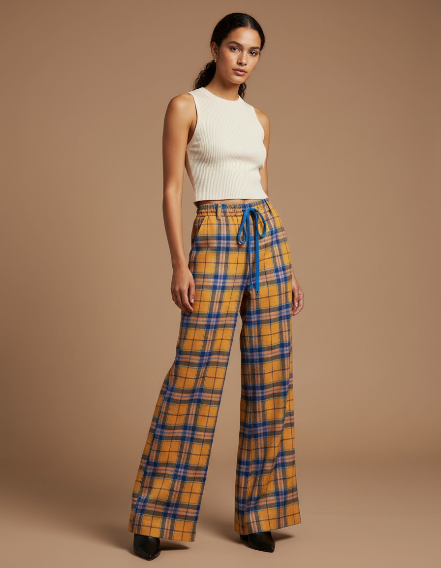 Pantalon Patte D'Éléphant Écossais Ample Jaune Bleu Décontracté - Laine