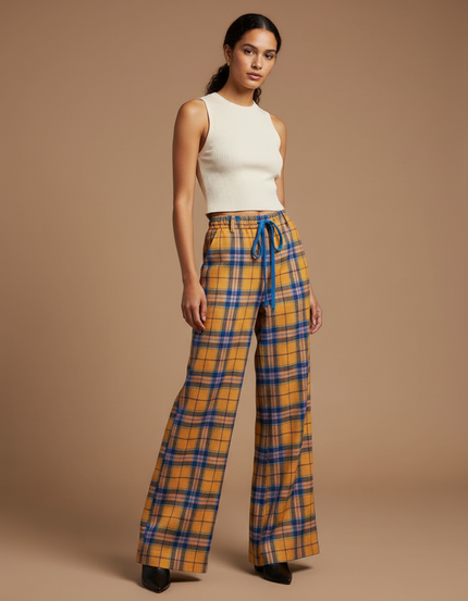 Pantalon Patte D'Éléphant Écossais Ample Jaune Bleu Décontracté - Laine