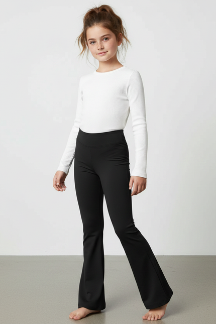 Pantalon Patte D'Éléphant Noir Uni Taille Haute Ample - Polyester
