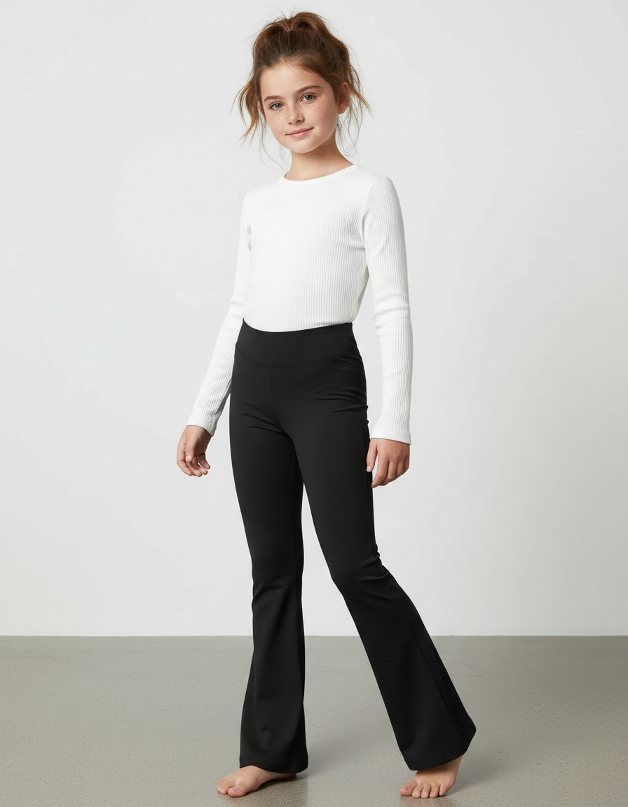 Pantalon Patte D'Éléphant Noir Uni Taille Haute Ample - Polyester