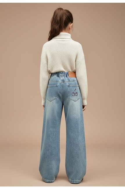Pantalon Patte D'Éléphant Denim Ample Brodé Cerise Fille - Bleu Jean