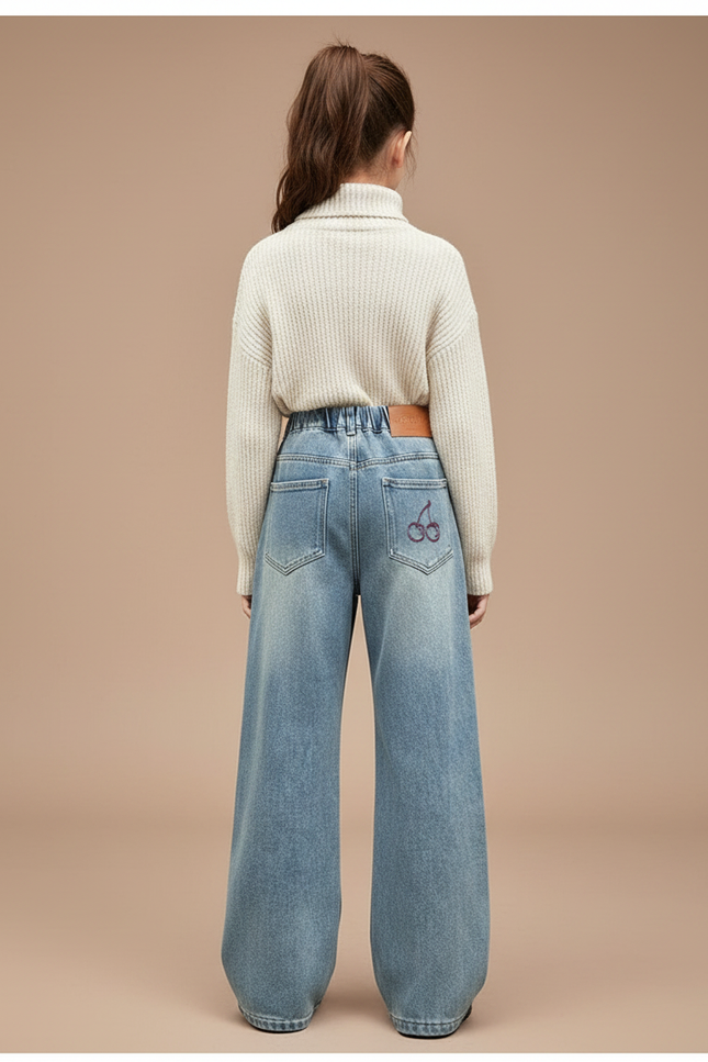 Pantalon Patte D'Éléphant Denim Ample Brodé Cerise Fille - Bleu Jean