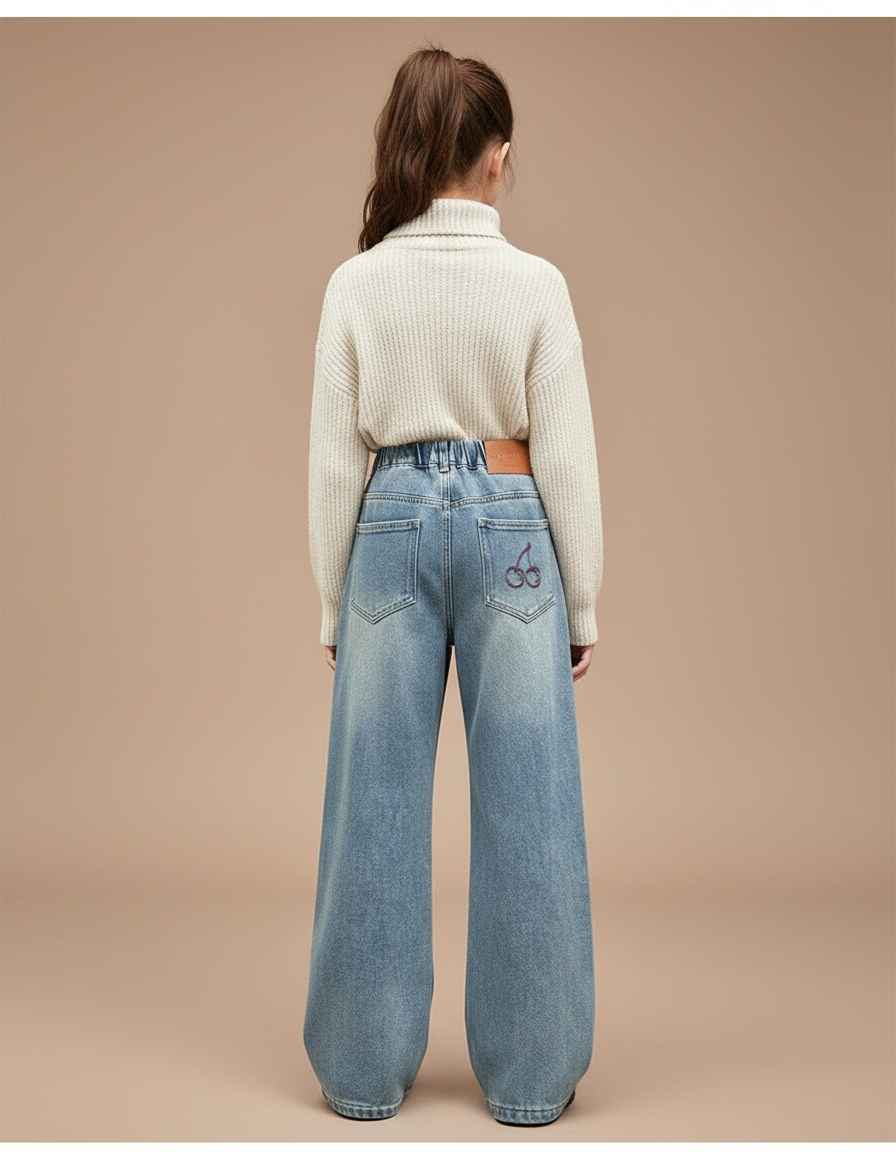 Pantalon Patte D'Éléphant Denim Ample Brodé Cerise Fille - Bleu Jean