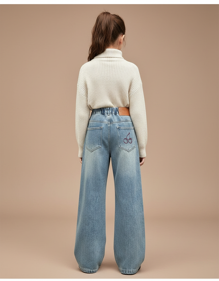 Pantalon Patte D'Éléphant Denim Ample Brodé Cerise Fille - Bleu Jean