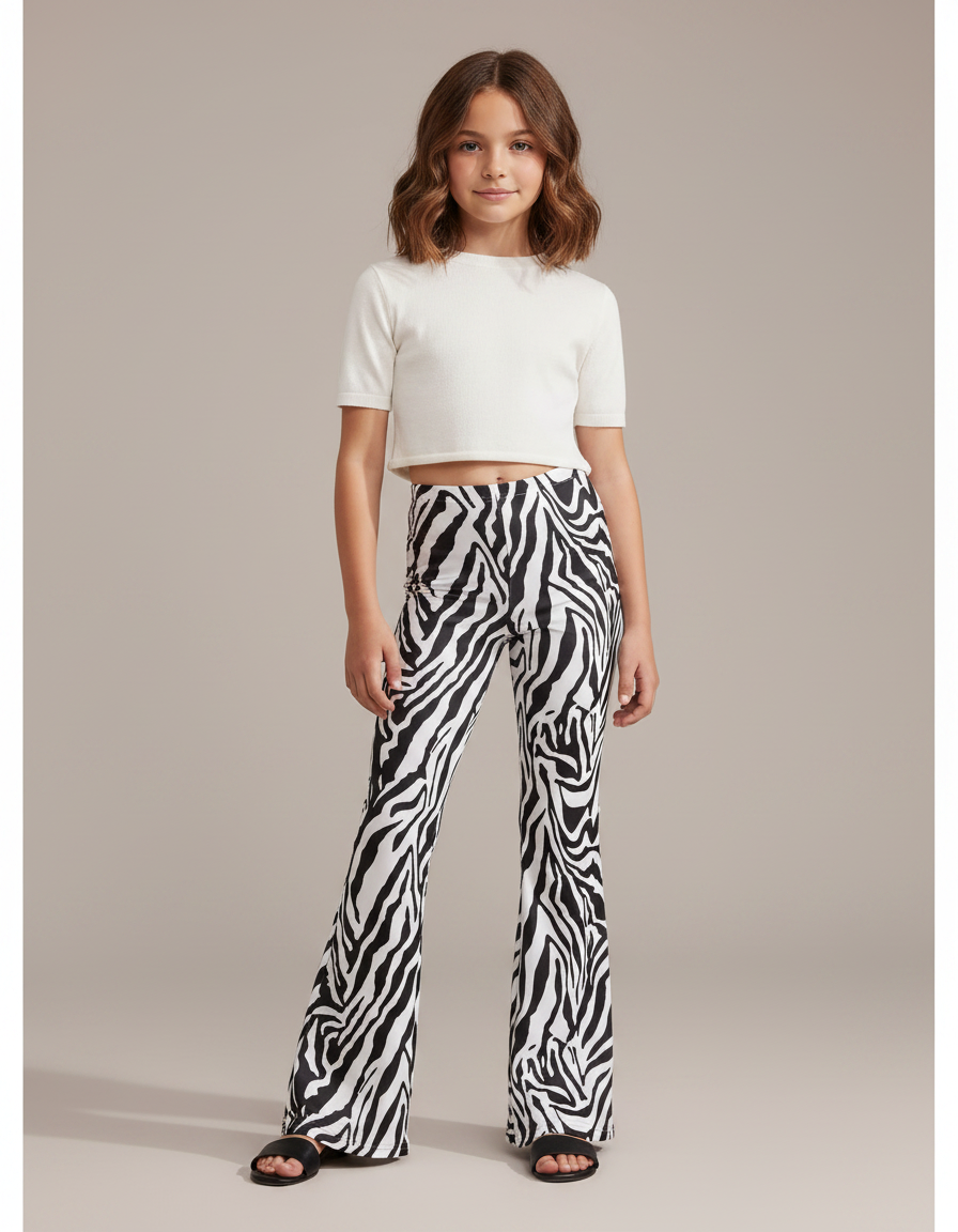 Pantalon Patte D'Éléphant Zèbre Noir Blanc Imprimé Ajusté - Maille