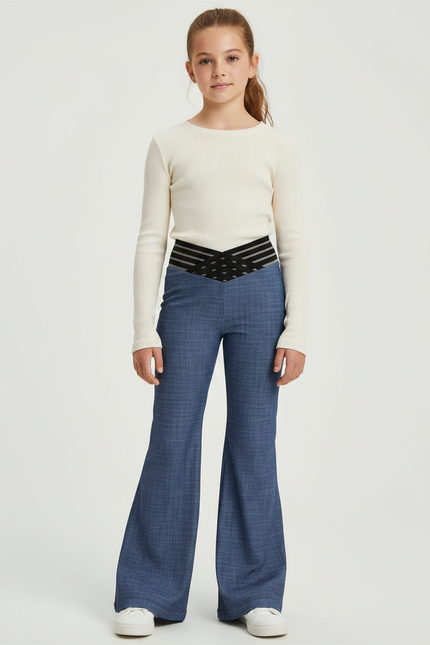 Pantalon Patte D'Éléphant Bleu Évasé Taille Haute Fille - Toile