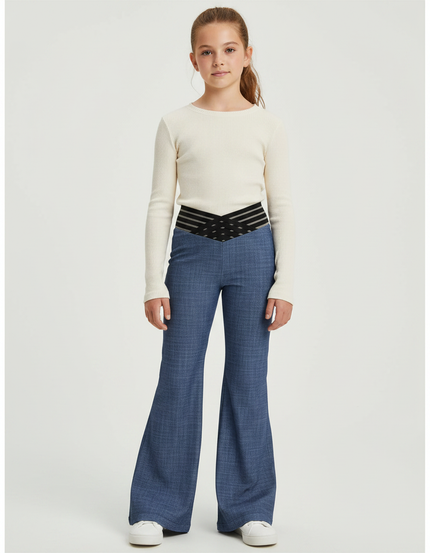 Pantalon Patte D'Éléphant Bleu Évasé Taille Haute Fille - Toile