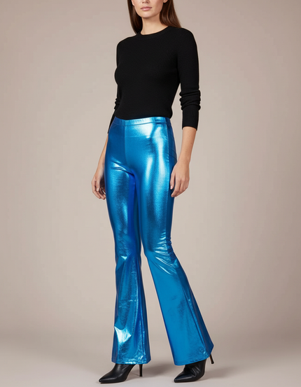 Pantalon Patte D'Éléphant Bleu Métallique Brillant Évasé Disco - Polyester