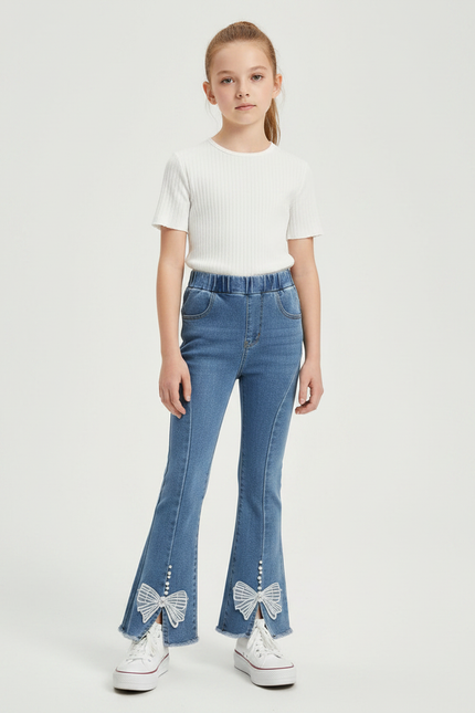 Pantalon Patte D'Éléphant Denim Bleu Nœuds Perles Évasé Fille - Jean