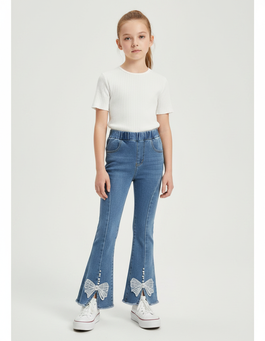 Pantalon Patte D'Éléphant Denim Bleu Nœuds Perles Évasé Fille - Jean