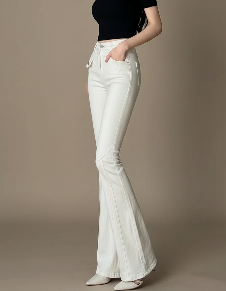 Pantalon Patte D'Éléphant Blanc Vintage Taille Haute Denim - Jean