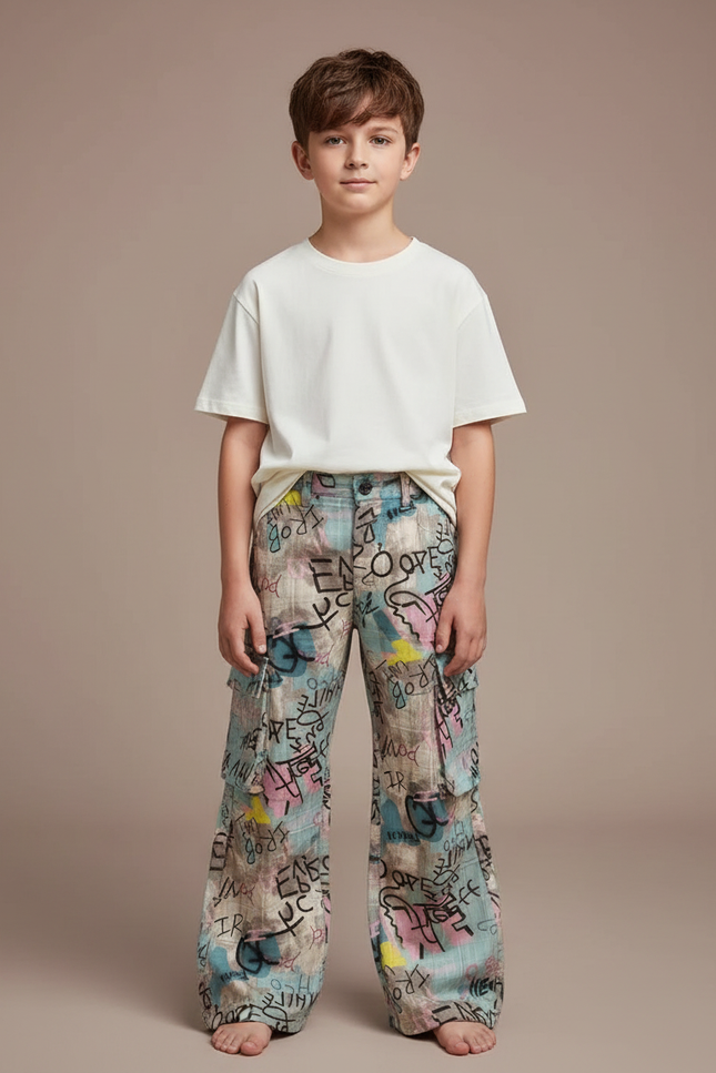 Pantalon Patte D'Éléphant Graffiti Coloré Ample Garçon Décontracté - Multicolore Lin