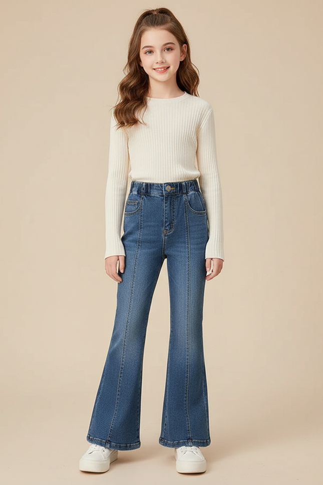Pantalon Patte D'Éléphant Jean Bleu Évasé Fille Élégant