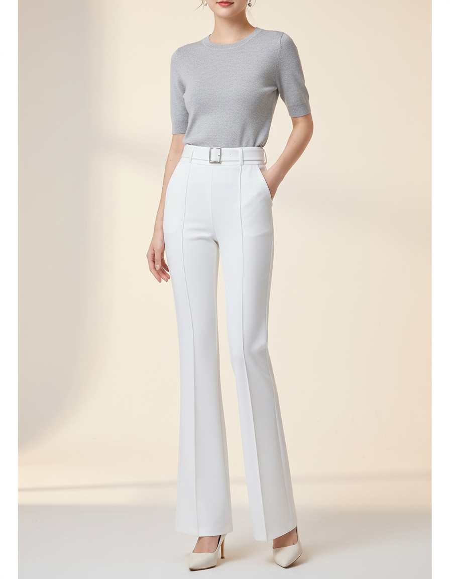 Pantalon Patte D'Éléphant Blanc Élégant Taille Haute Ceinturé - Polyester
