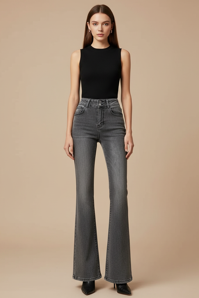 Pantalon Patte D'Éléphant Jean Gris Taille Haute Effet Vieilli