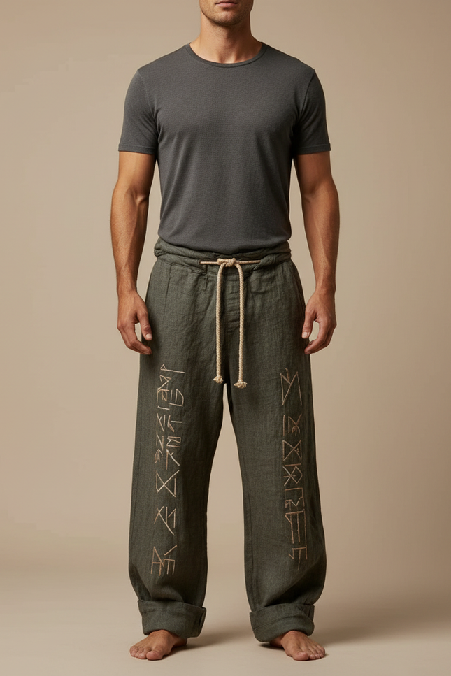 Pantalon Patte D'Éléphant Kaki Lin Brodé Ethnique Ample