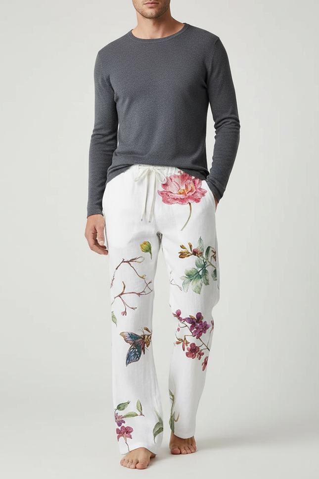 Pantalon Patte D'Éléphant Blanc Floral Ample Confortable Lin