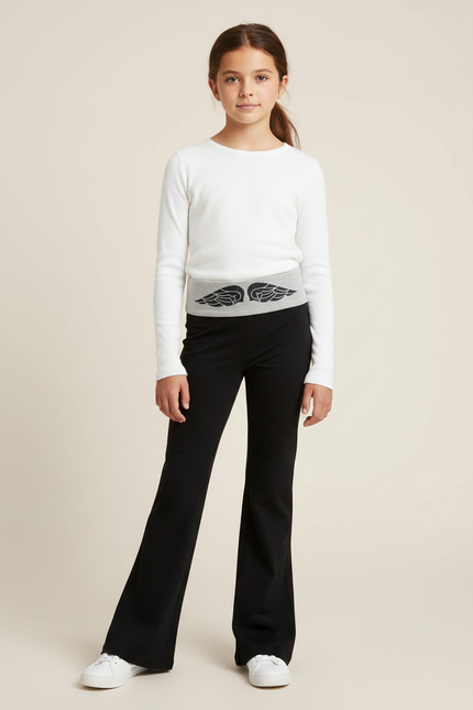 Pantalon Patte D'Éléphant Noir Ailes Grises Confortable Fille - Maille
