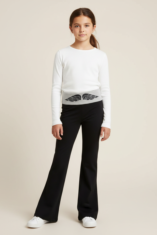 Pantalon Patte D'Éléphant Noir Ailes Grises Confortable Fille - Maille