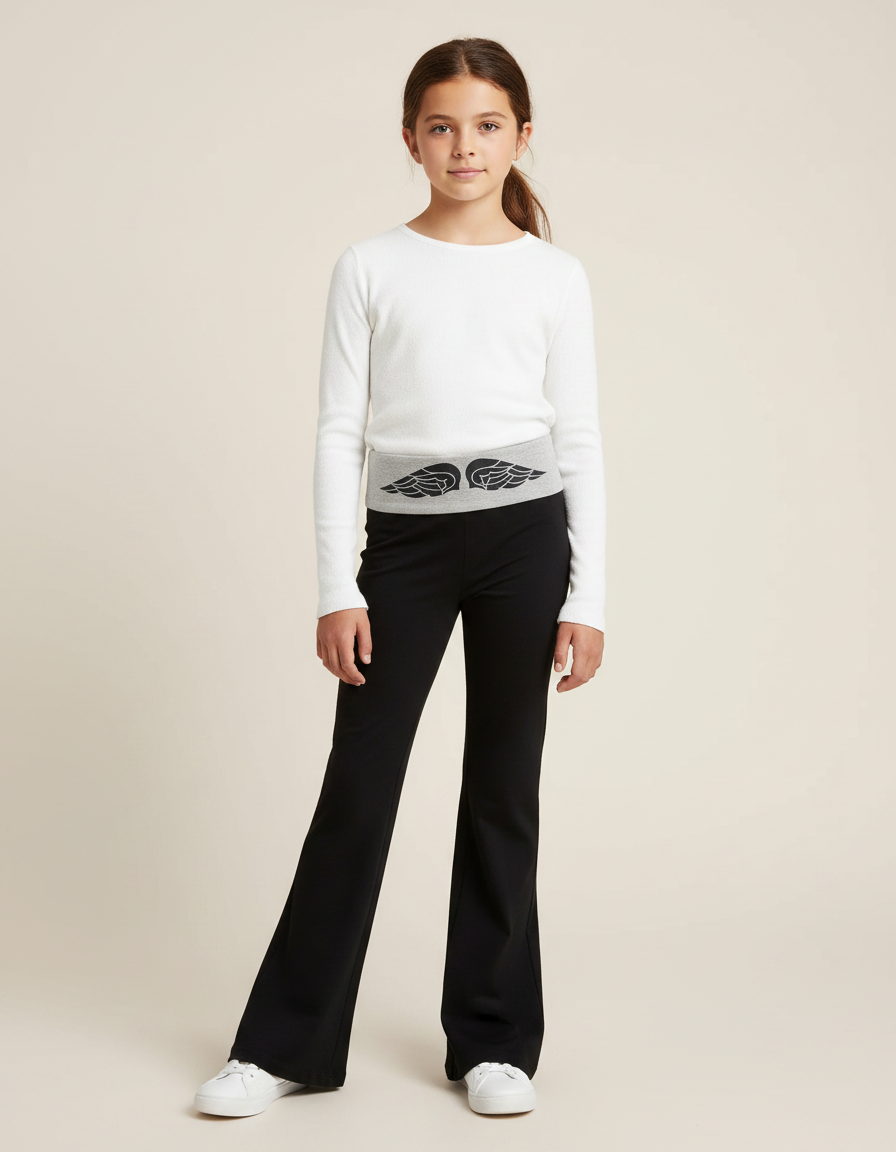 Pantalon Patte D'Éléphant Noir Ailes Grises Confortable Fille - Maille