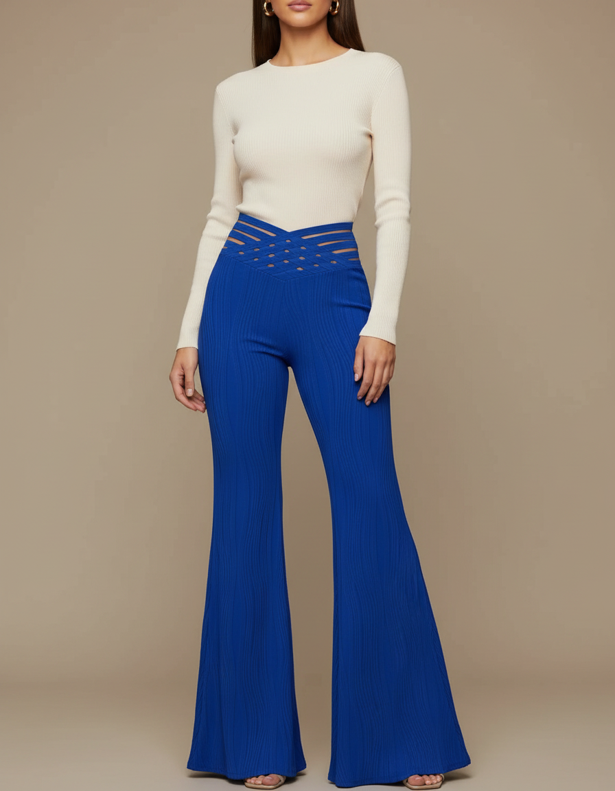 Pantalon Patte D'Éléphant Bleu Texturé Maille Croisée Élégant