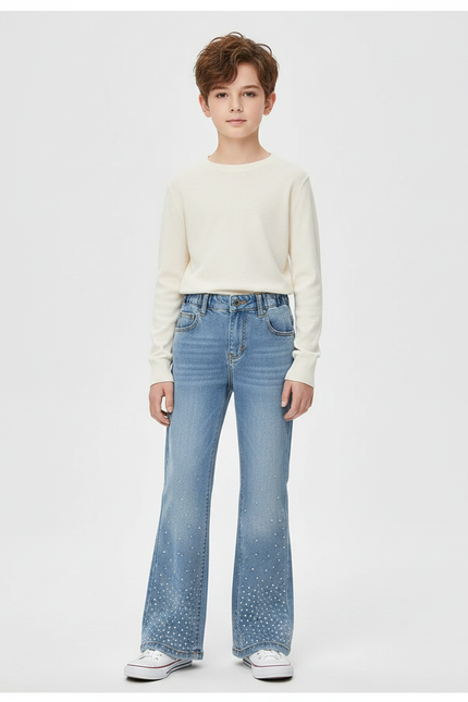 Pantalon Patte D'Éléphant Jean Bleu Paillettes Évasé Enfant