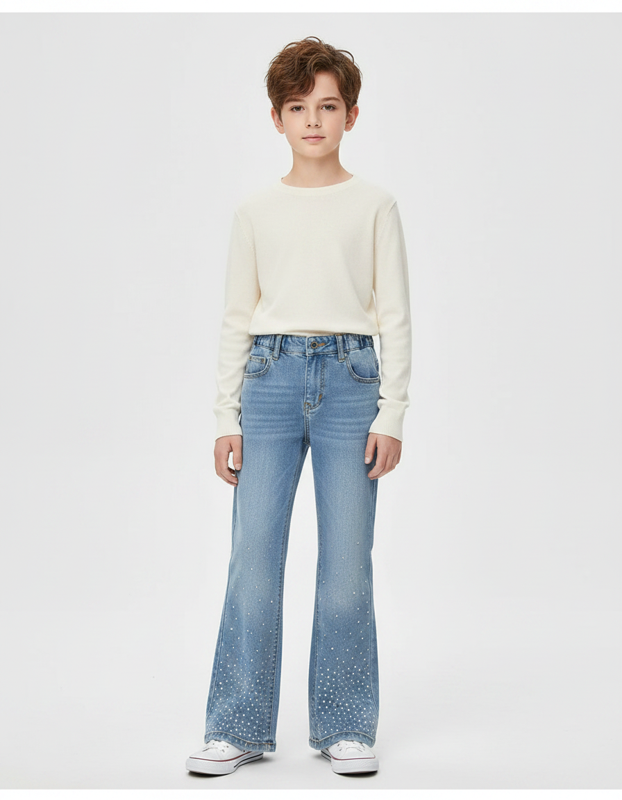 Pantalon Patte D'Éléphant Jean Bleu Paillettes Évasé Enfant