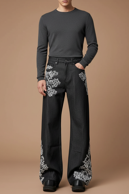 Pantalon Patte D'Éléphant Denim Noir Broderie Florale Homme - Jean