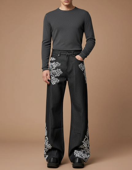 Pantalon Patte D'Éléphant Denim Noir Broderie Florale Homme - Jean