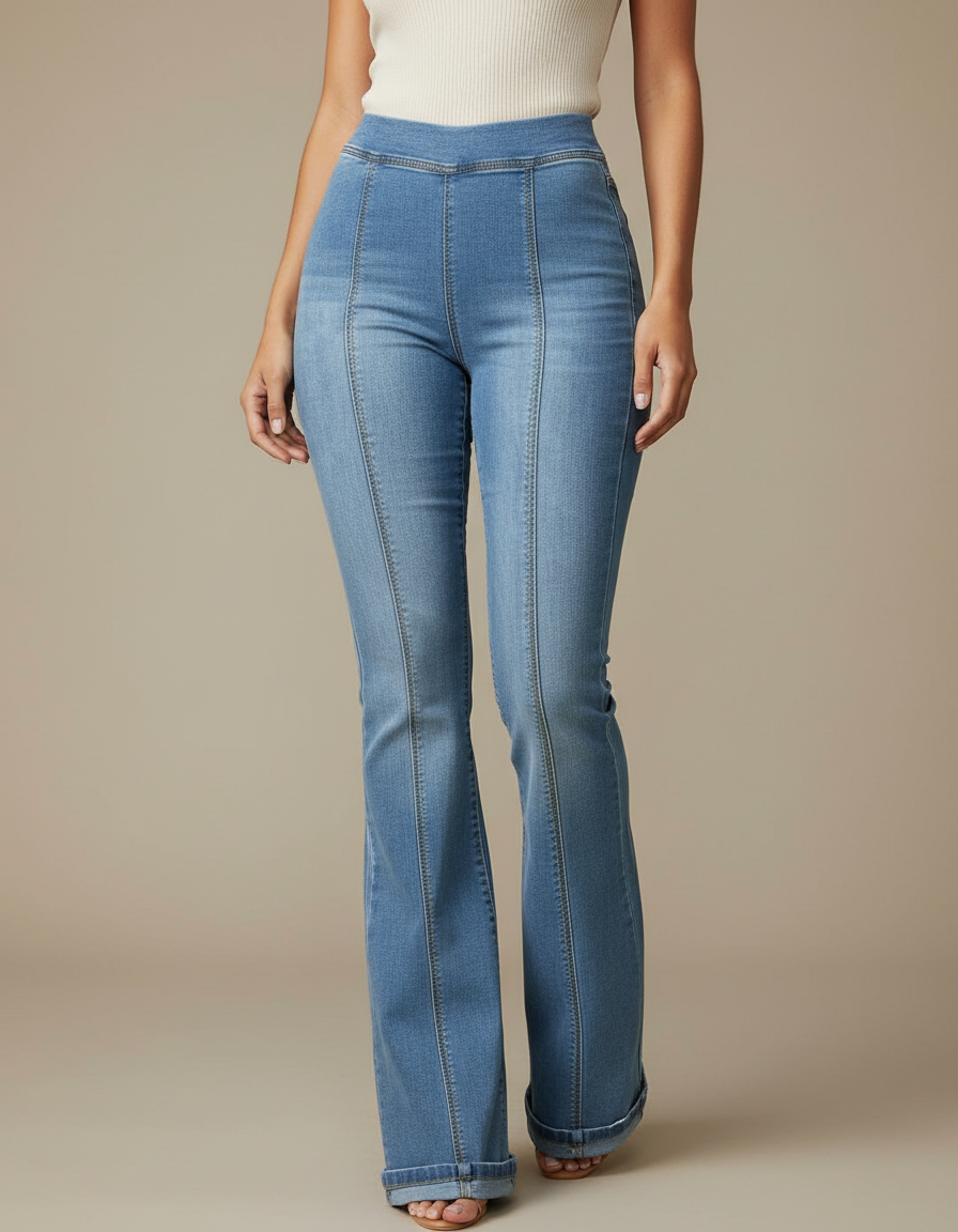 Pantalon Patte D'Éléphant En Jean Bleu Taille Haute Évasé