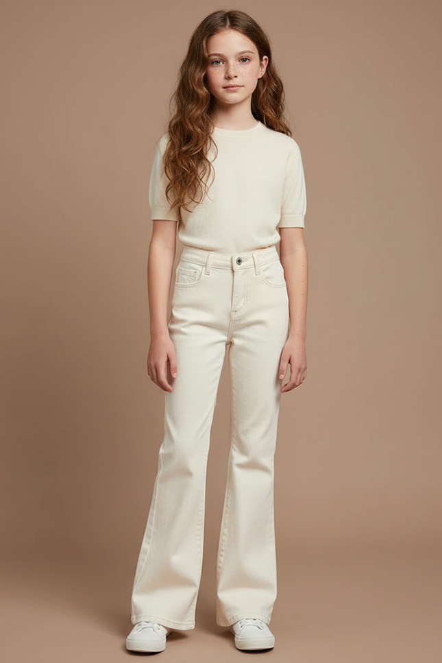 Pantalon Patte D'Éléphant Écru Jean Taille Haute Évasé Fille - Beige