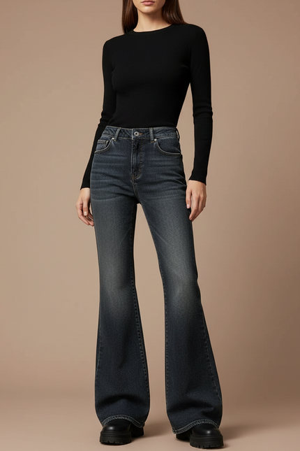 Pantalon Patte D'Éléphant Jean Gris Délavé Taille Haute Femme