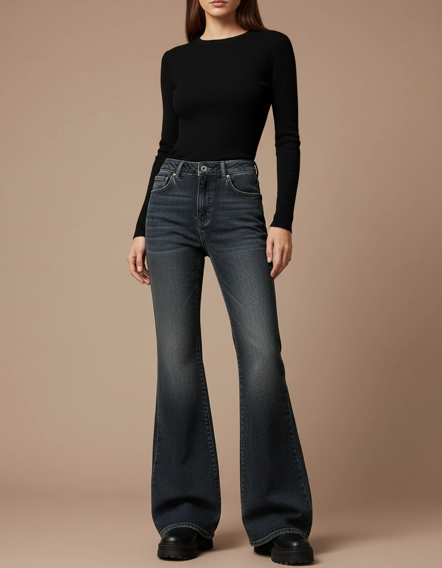 Pantalon Patte D'Éléphant Jean Gris Délavé Taille Haute Femme