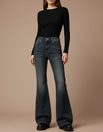 Pantalon Patte D'Éléphant Jean Gris Délavé Taille Haute Femme