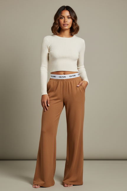 Pantalon Patte D'Éléphant Marron Évasé Confortable Décontracté Femme - Molleton