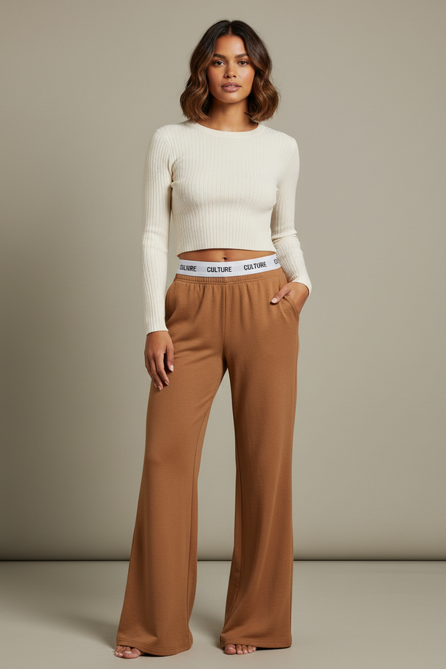 Pantalon Patte D'Éléphant Marron Évasé Confortable Décontracté Femme - Molleton