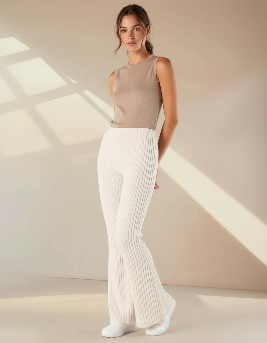 Pantalon Patte D'Éléphant Blanc Cassé Côtelé Évasé Confortable - Maille