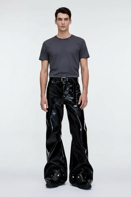 Pantalon Patte D'Éléphant Noir Brillant Cuir Évasé Homme