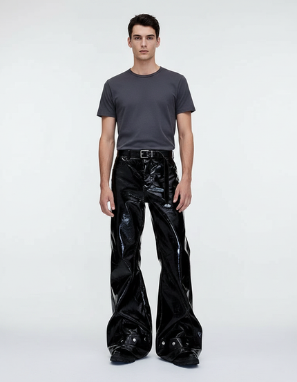Pantalon Patte D'Éléphant Noir Brillant Cuir Évasé Homme