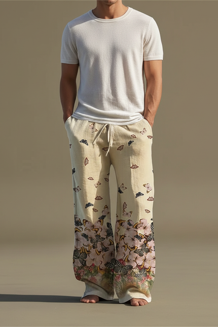 Pantalon Patte D'Éléphant Beige Lin Imprimé Papillons Floral Ample