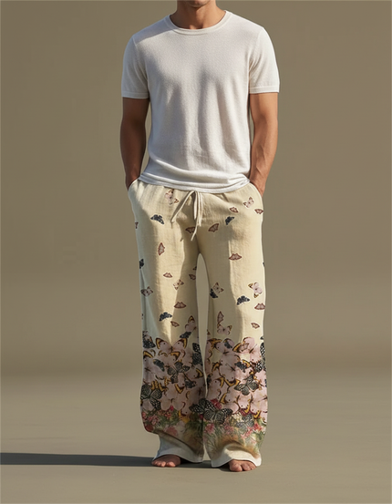 Pantalon Patte D'Éléphant Beige Lin Imprimé Papillons Floral Ample