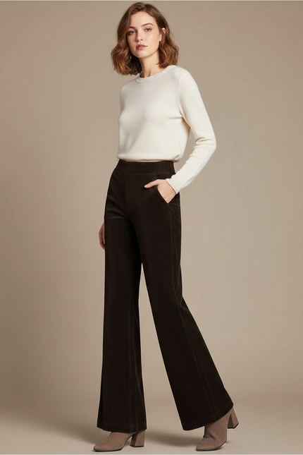 Pantalon Patte D'Éléphant Marron Côtelé Taille Haute Ample - Cordé