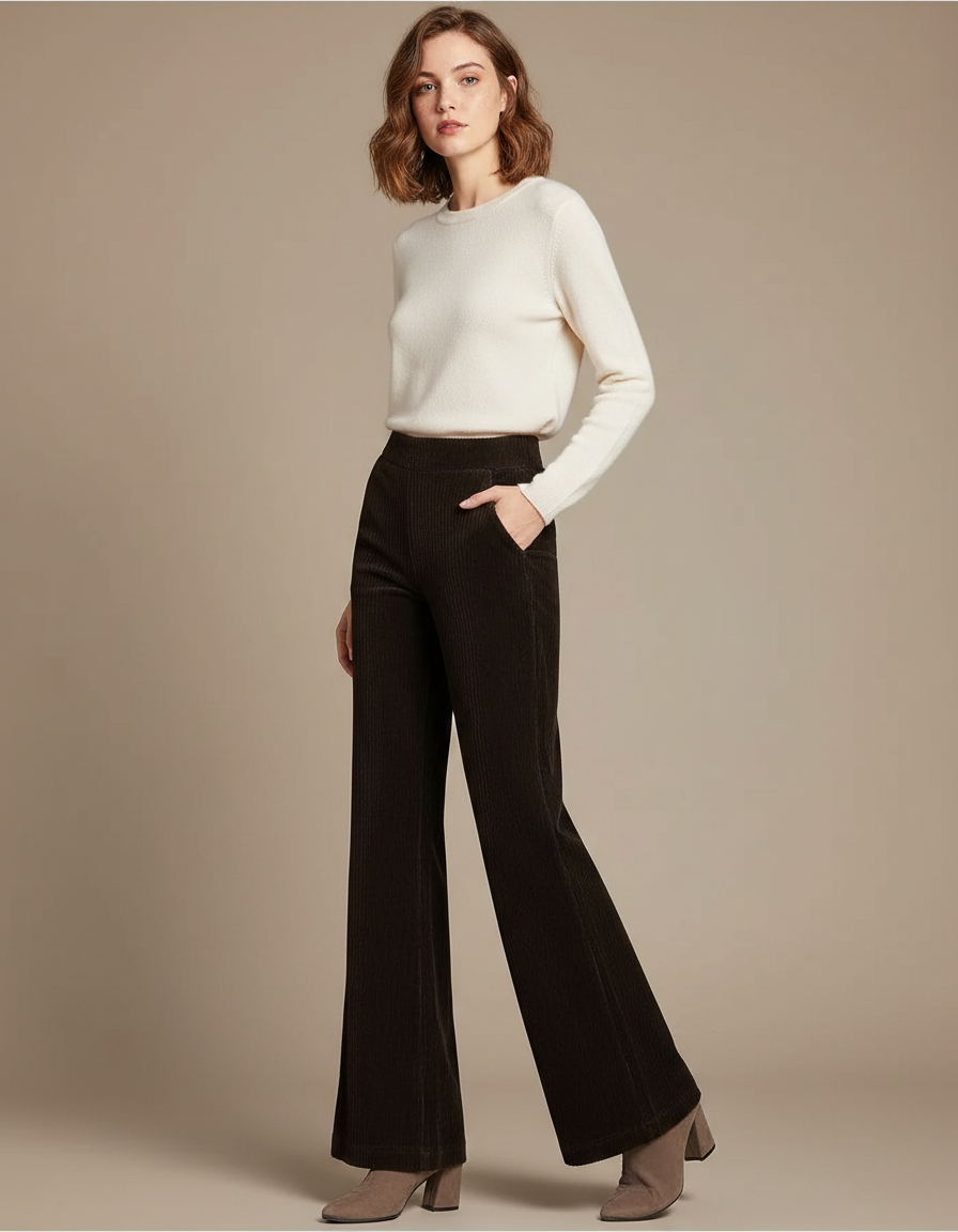 Pantalon Patte D'Éléphant Marron Côtelé Taille Haute Ample - Cordé