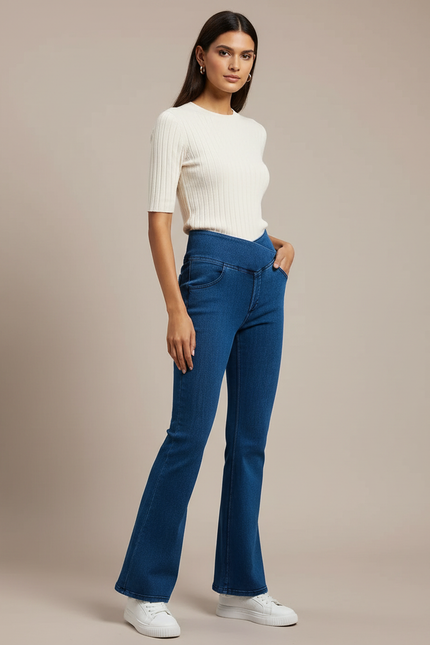 Pantalon Patte D'Éléphant Jean Bleu Taille Haute Évasé Femme