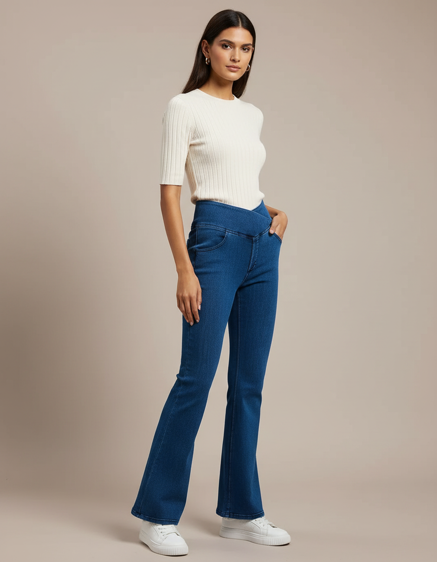 Pantalon Patte D'Éléphant Jean Bleu Taille Haute Évasé Femme