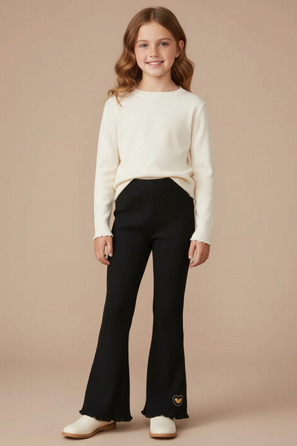 Pantalon Patte D'Éléphant Côtelé Noir Cœur Brodé Fille - Maille