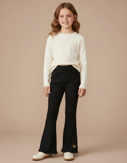 Pantalon Patte D'Éléphant Côtelé Noir Cœur Brodé Fille - Maille