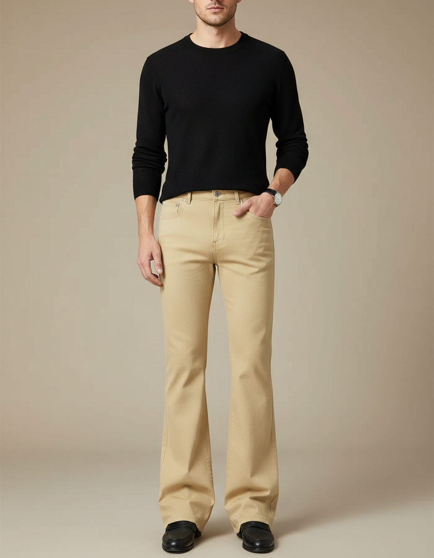 Pantalon Patte D'Éléphant Beige Uni Évasé Décontracté Homme - Jean