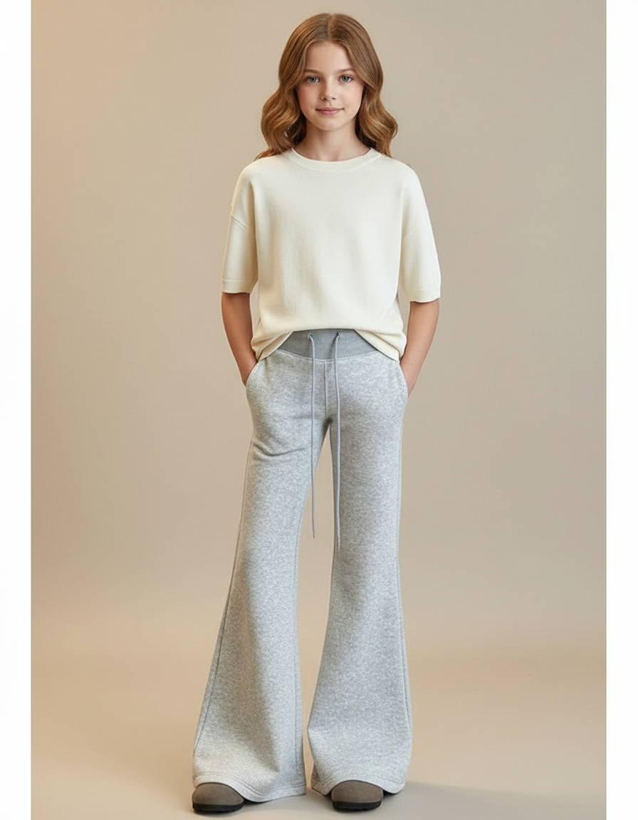 Pantalon Patte D'Éléphant Gris Chiné Ample Molleton Décontracté